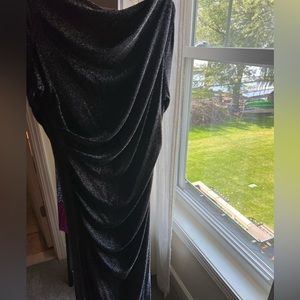 Macys metallic black gown with built in cape